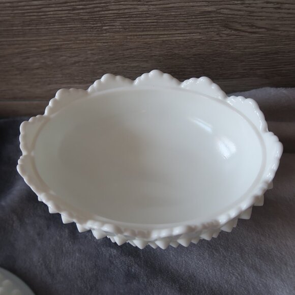 Vintage Fenton Marked Milk Glass Hobnail Textured Oval Lidded Candy Bowl - Picture 4 of 16
